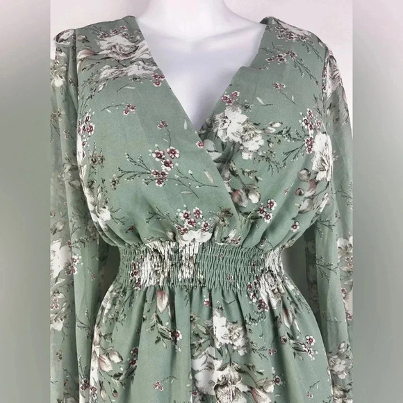 Prettywear Women's Floral Chiffon Long Sleeve Mini Dress Flowy A-Line Wrap Neck - Picture 5 of 9